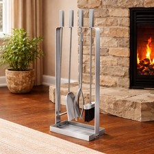 Fireside Companion Set 4pc Home Silver Poker Fire Accessories Tools Brush Tongs