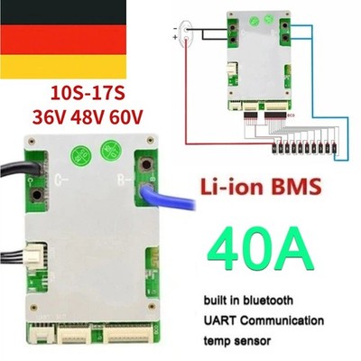 JBD Smart BMS 10S-17S 40A Li-ion Battery Same Port 36V 48V 60V w/ Balance BT DE