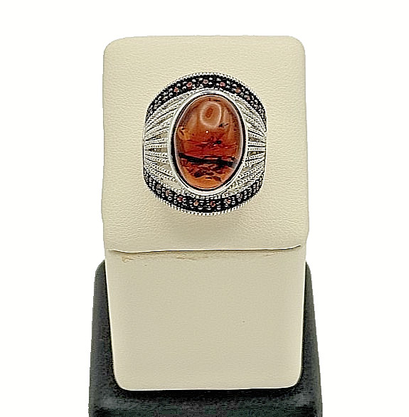 925 Sterling Silver Amber & Garnet Dome Ring - Size 7