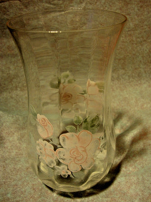 Lovely Hand Painted Pink Rose Clear Glass Vase Delicate Ribbed Finish H=6.5'' 351