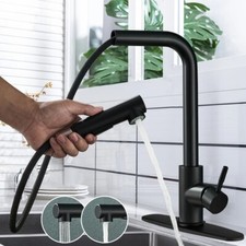 Black Kitchen Sink Faucet Pull Down Sprayer Pull Out Mixer Tap W/10" Deck Plate