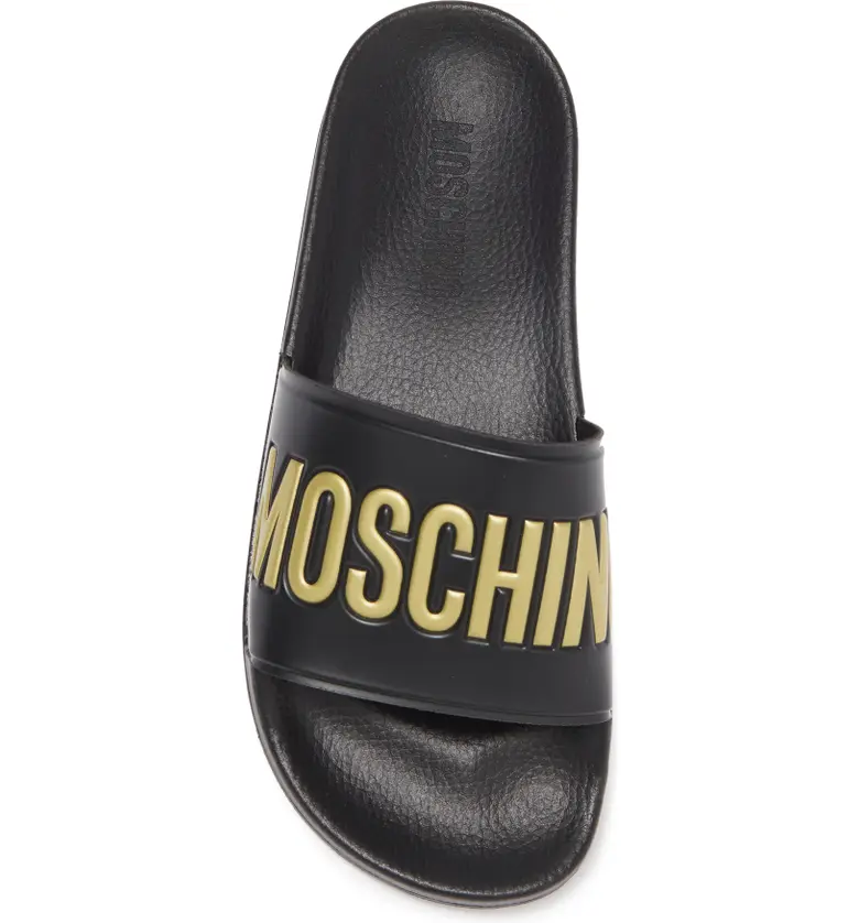 MOSCHINO Logo Slide Sandal Black u0026 Gold Women's Size 9-39 EUR NEW IN BOX |  eBay