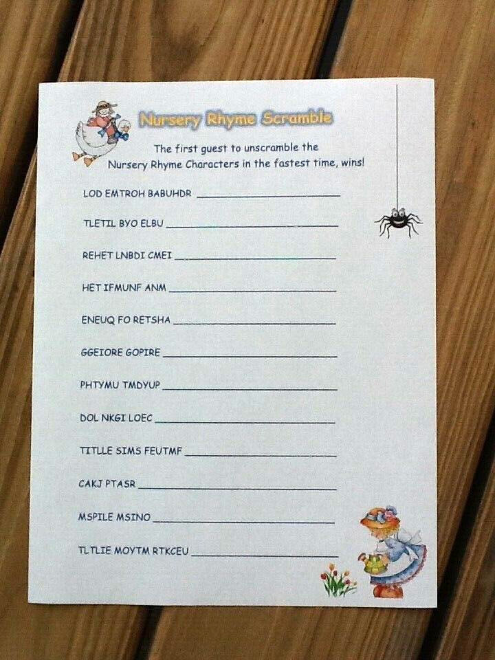 20 Sheets Nursery Rhyme Baby Shower Scramble Game + Answers Provided