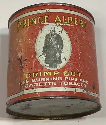 Vintage Prince Albert Crimp Cut Tobacco Red Metal Can Round with Lid