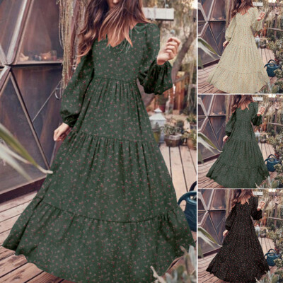 Women's Puff Sleeve Floral Printed Dress Casual Beach Long Maxi Dresses  Plus | eBay