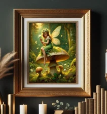 Spring Flower Fairy Mushroom Whimsical Fantasy Vintage painting print Art