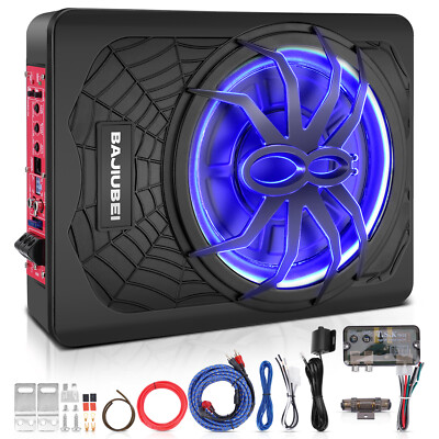 NEW 10'' 1200W Slim Under Seat Powered Car Subwoofer Hideaway Subwoofer Blue LED