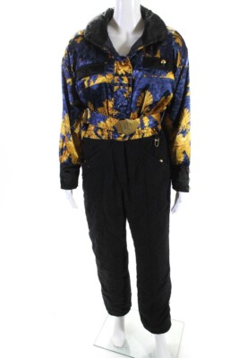 Bogner Floral Print Color Block Belted Blue Yellow Ski Snowsuit Jumpsuit Sz 8 M