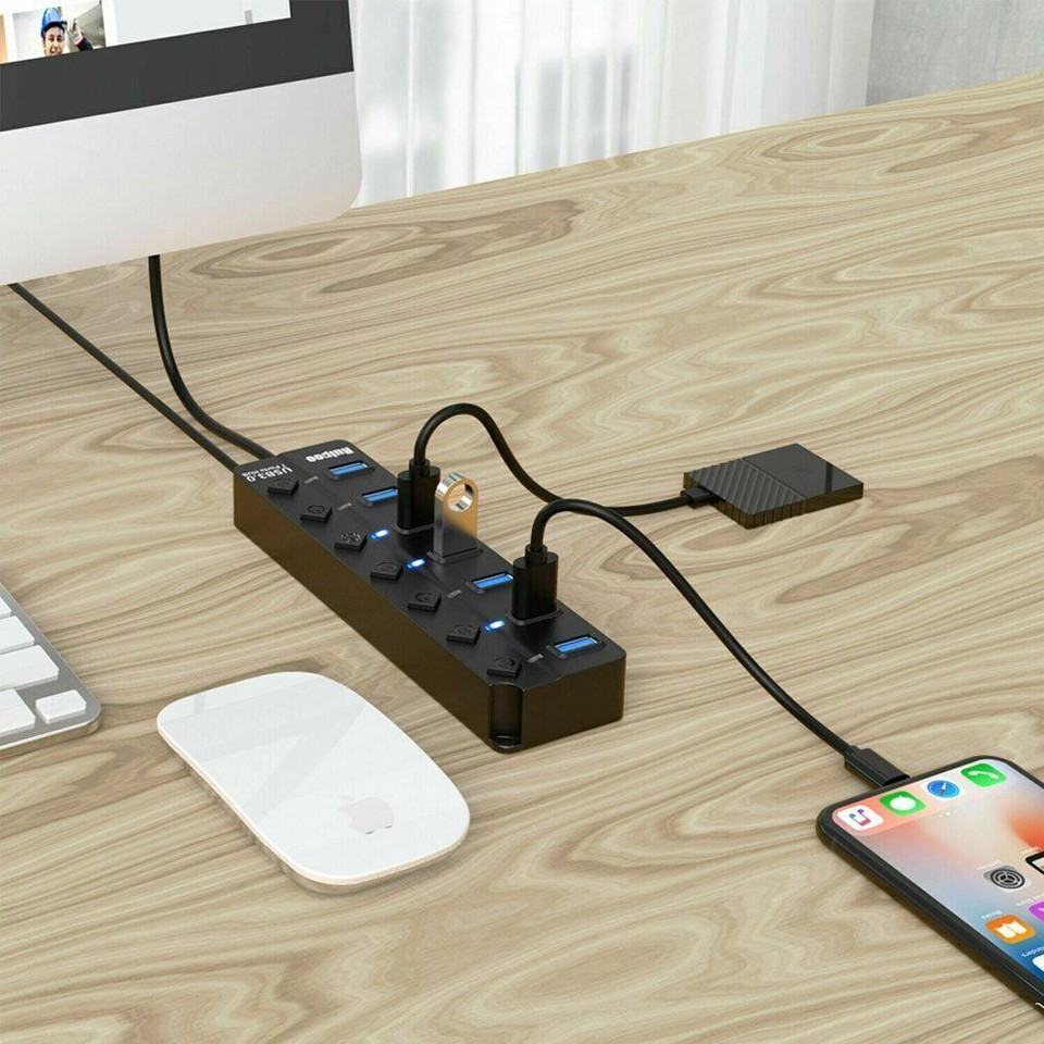 7-Port USB 2.0 Hub Splitter With Individual On/Off Switches - High Speed, Powered, For PC/Mac