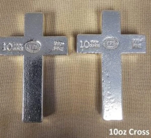 10 oz YPS "Cross" 999+ fine silver bullion bar "Yeager's Poured Silver"