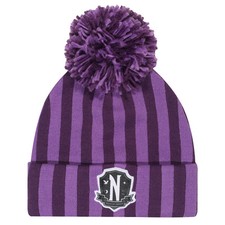 Wednesday Nevermore Logo Purple Bobble Beanie Hat NEW OFFICIAL