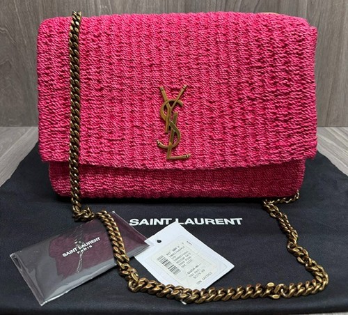 Saint Laurent ﻿YSL Medium Kate Raffia Shoulder Bag Pink Gold Crossbody $2850