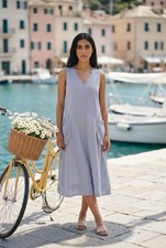 Tulip Blue White Striped Seersucker Sleeveless V-Neck Midi Dress with Pockets M