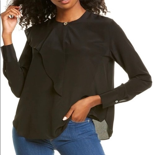 VINCE Asymmetrical Flutter Long Sleeve Silk Blouse In Black 4 - Picture 1 of 7