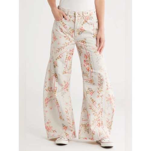 Free People Eden Printed High Slouchy Flare Jeans Cross Stitch Floral Size 31