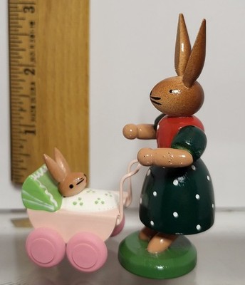 ESCO Zeidler Erzgebirge Wooden Easter Bunny Mom & Baby Pram Set | Germany