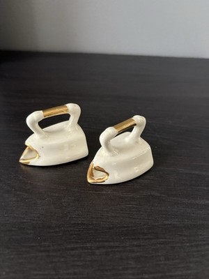 two vintage ceramic trinket boxes shaped like antique flat irons