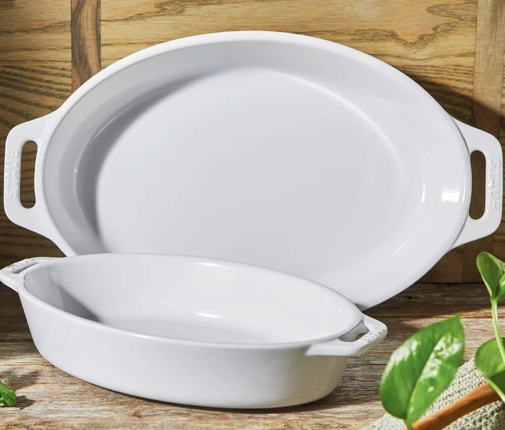 STAUB Ceramics White Stoneware Oval Roaster Gratin Baking Dish 2-pc Set 9" & 11"