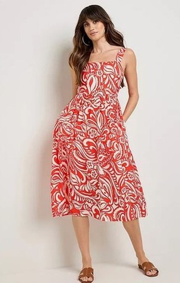 FREEMANS Printed Midi Dress in Red/Orange UK 14 (FM188-17)
