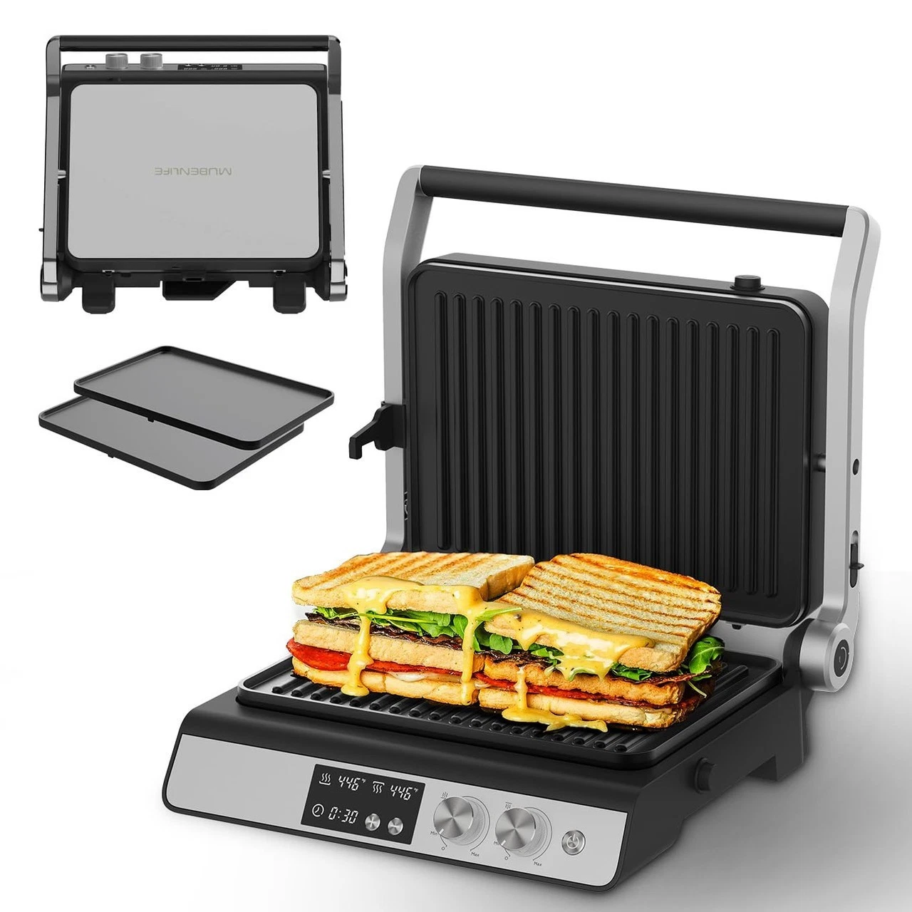 Panini Press,4 Slices Contact Grill with Removable Non-Stick Coated Grill and Fl