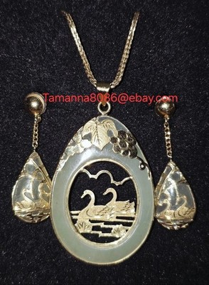 Vintage UNOAERRE 14K Gold & Jade Halskette & Ohrringe filigran Schwanendesign 17'' Kette
