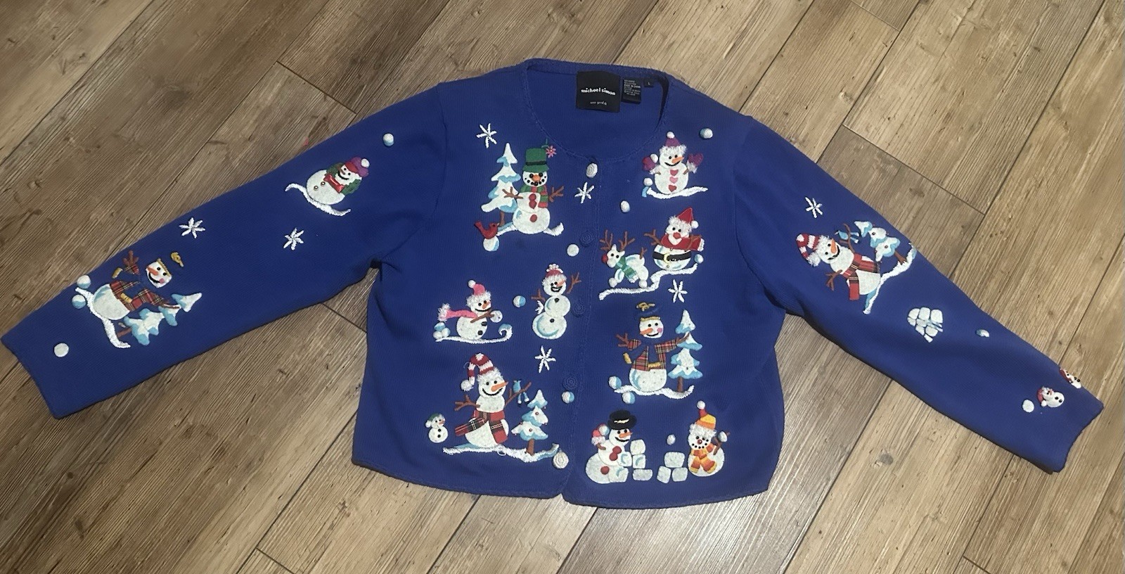 RARE! MICHAEL SIMON VTG 2000 Christmas Snowman Snowflake Blue Sweater Sz Large