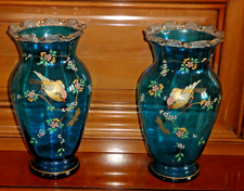 Pair of Enamel Vases Floral Decor Birds Butterflies Glass Crystal Baccarat