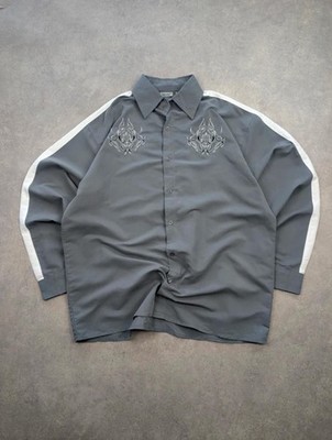 Y2K Hemd Herren XL Grau Langarm Tribal Bestickt Identisch Streetwear Vintage