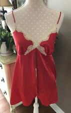 Vtg Babydoll Nightie Red Shiny Satin Polyester Lace Trim Nightie Sequins Women L