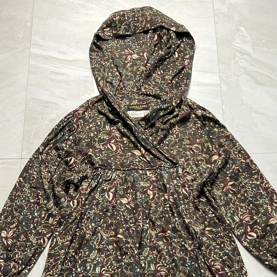РЕДКИЙ ВИНТАЖНЫЙ Tseklenis Athens Mod абстрактный длинным рукавом макси платье с капюшоном цветочный размер 6 - Изображение 3 из 4