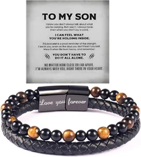 Son's Tiger Eye Protection Bracelet From Mom, The Guardians To My Son Leather Vo
