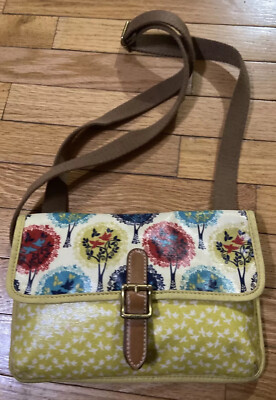 FOSSIL CROSSBODY Shoulder Bag Coated Canvas Yellow Blue Rust Birds Trees