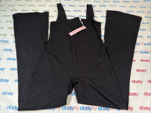 Qinsen Women’s Black Linen Jumpsuit Sleeveless Square Neck Size Small