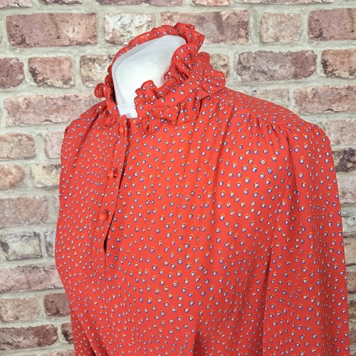 Vintage Midi Dress Red Ditsy Spotted UK 14 Long Sleeve Belted Flare Ruffle Neck - Picture 8 of 16