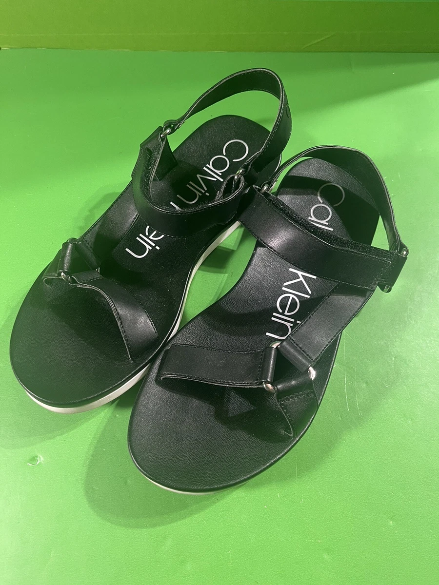 Calvin Klein Women s Zandel Black Vegan Leather Strappy Flats Sandals Size 7
