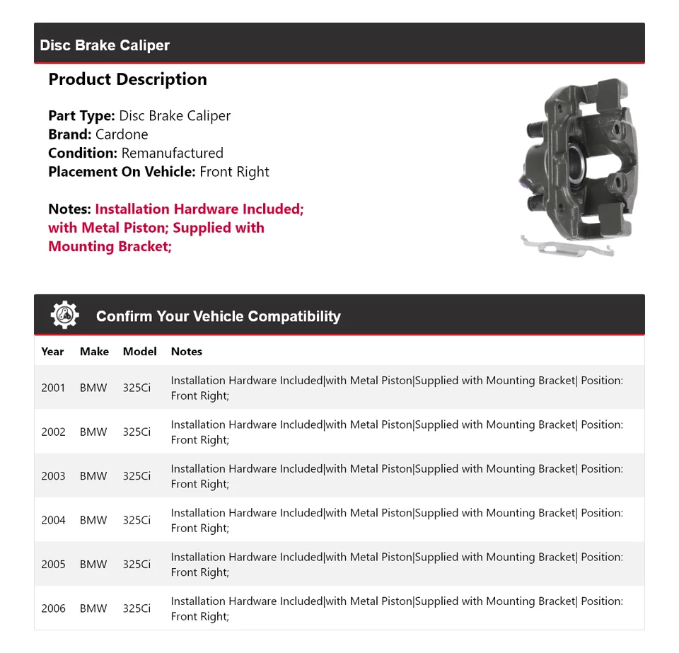 Pinza de freno de disco delantera derecha cardone 2002 2003 2004 para BMW 325Ci 2001-2006 Foto 2 de 4