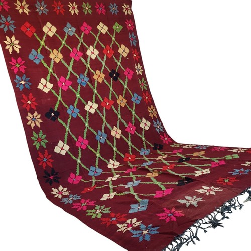 Vintage Moroccan Rug Handmade Fringe Maroon Wool Geometric Floral Design Carpet - Picture 3 of 24