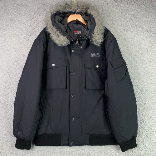 Southpole Jacke Herren groß schwarz Kunstfell Kapuze Bomber Parka gefütterter Mantel Y2K