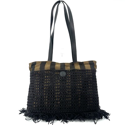 FENDI Pecan Tote Bag Brown Black gold Auth knit lace From Japan