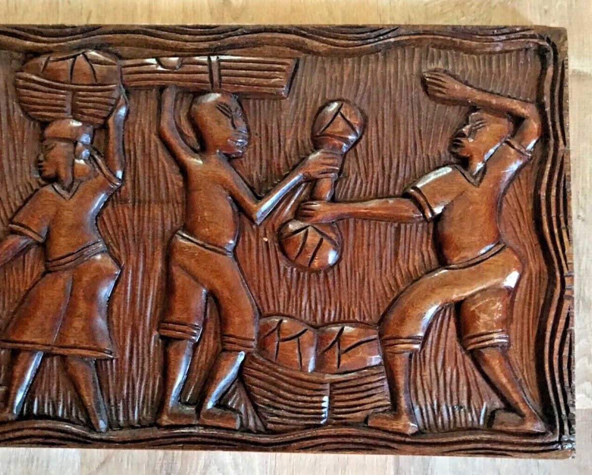 Vintage Wall Plaque African Haitian Wood Hand Carved Art Rectangle