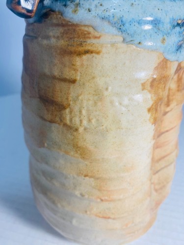 10" Tall Vintage Japanese Vase in Brown and Blue Glazed Ceramic with Double Ears - Picture 16 of 23