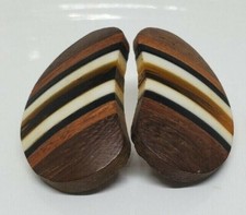 Pierced Earrings Vintage Wood and Plastic Brown White Black and Amber Tone