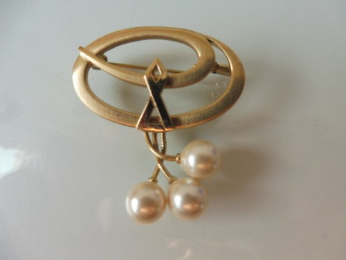 Broche Vintage Plume Plaquée Or Avec Perles Et Cristal Rouge - Marque Murat - Occasion