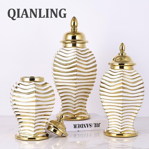 14.2" White and Gold Luxury Ceramic Ginger Jar Vase with Lid - Modern Ceramic... - Picture 7 of 7