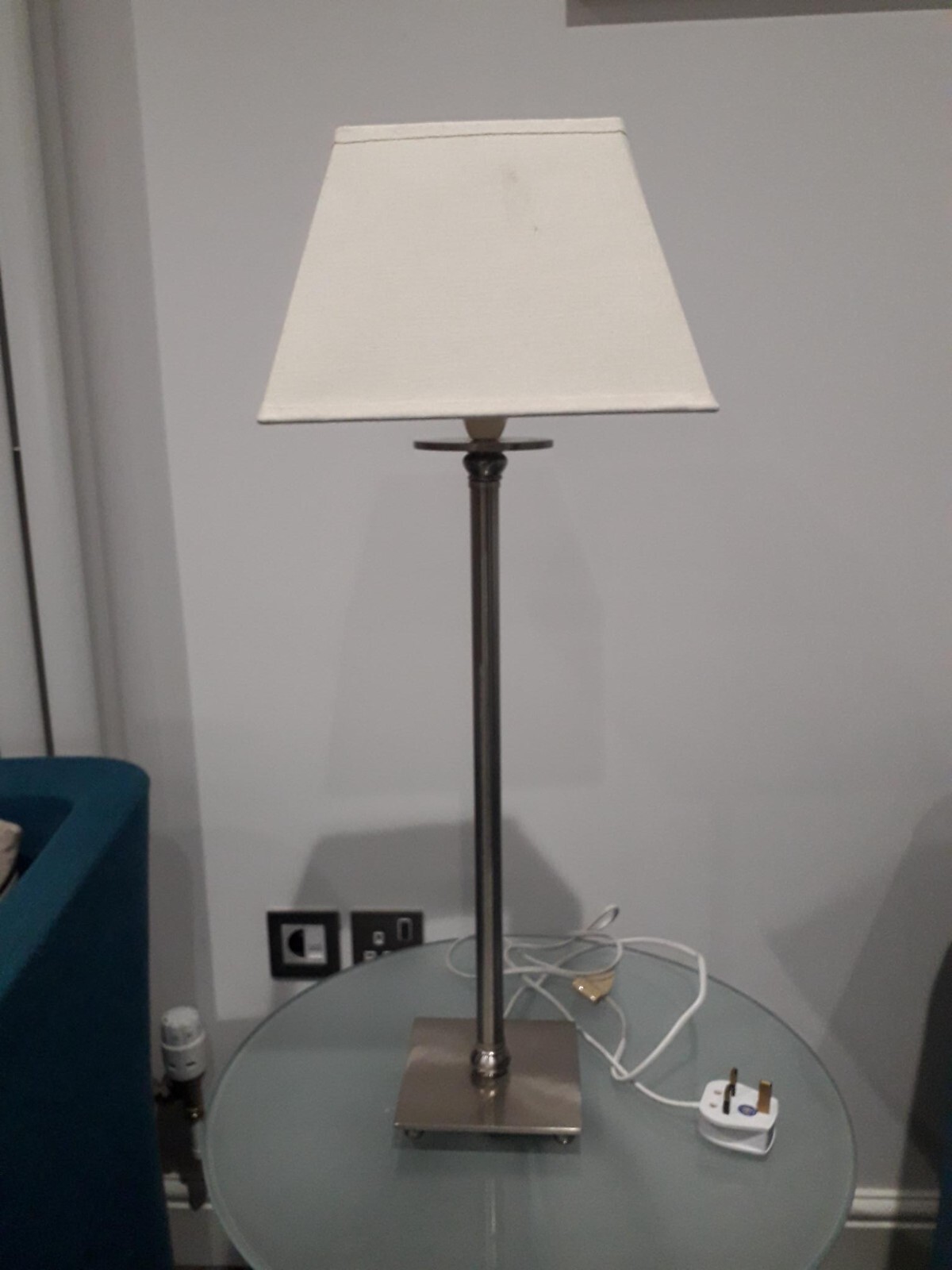 Tall contemporary brushed chrome table lamp & square cream lampshade
