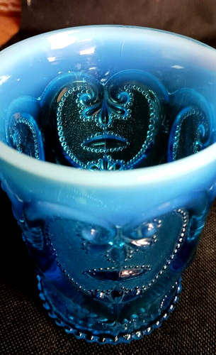 Antique Dugan Opalescent Aqua Turquoise Blue Glass JEWELED HEART Victor Tumbler - Picture 5 of 15