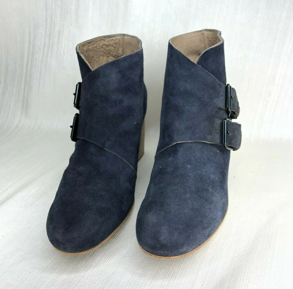 Botas Marsell azul camurça anabela fivela dupla tornozelo sapatos tamanho 36 6 couro - Imagem 3 de 4