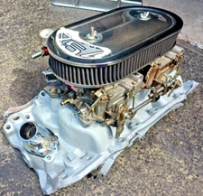 EDELBROCK C-66 BBC DUAL QUAD ALUMINUM INTAKE + CARBS + AIR CLEANER COMPLETE SET!