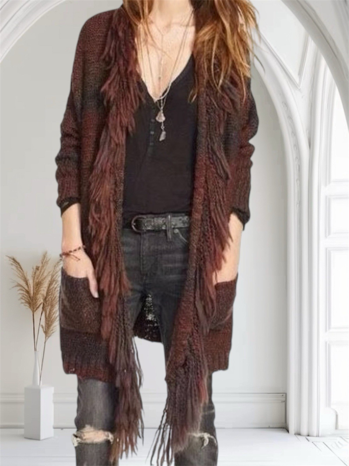 Denim & Supply Ralph Lauren Fringe Cardigan Sweater Black & Gray M Acrylic Wool
