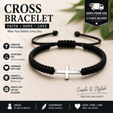 Christian Cross Bracelet Black String Adjustable Handmade Faith Jewelry Gift